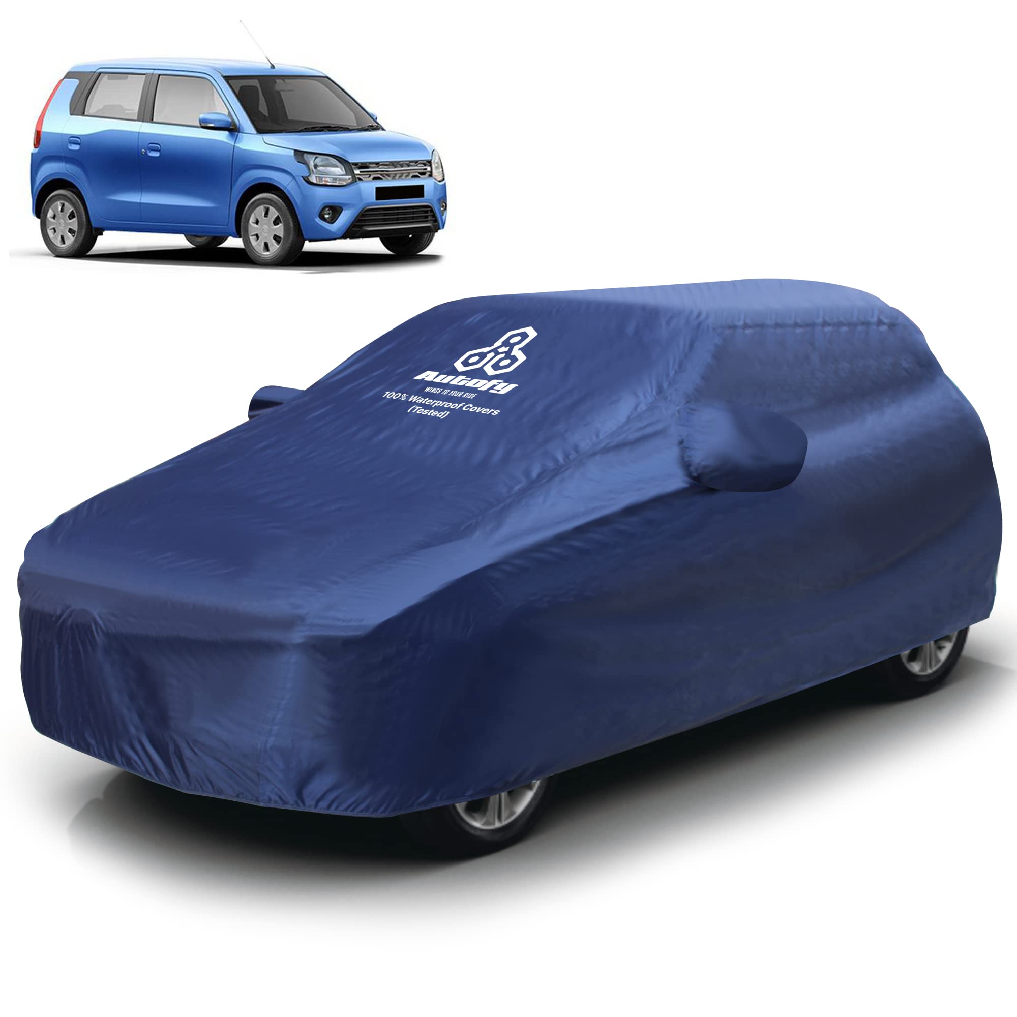 Autofy Cape 100% Waterproof (Tested) Car Body Cover for Maruti Suzuki WagonR [Year 2019 Onwards] with Elastic Bottom & 3 Belts Protection & Mirror Pockets & Paint Protection Layer Inside (Blue)