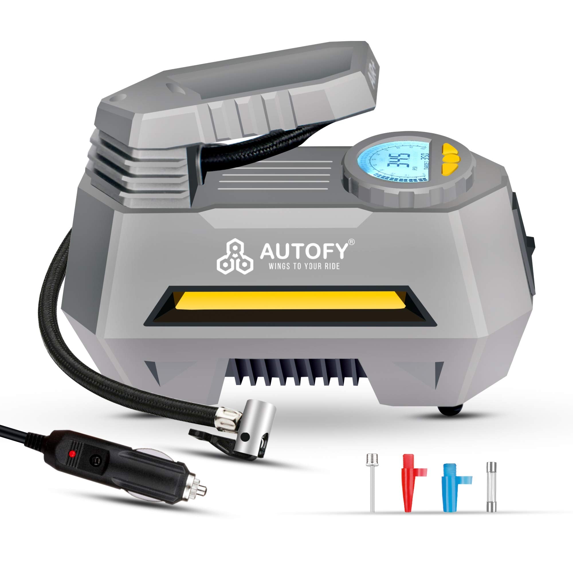 Autofy AIR+ 2 Years Warranty with AUTO Cut Advanced Digital & Analog Display Car Tyre Inflator 150PSi Portable Air Compressor Pump with Emergency LED Light (4 Meter Wire – 12V DC - Grey)