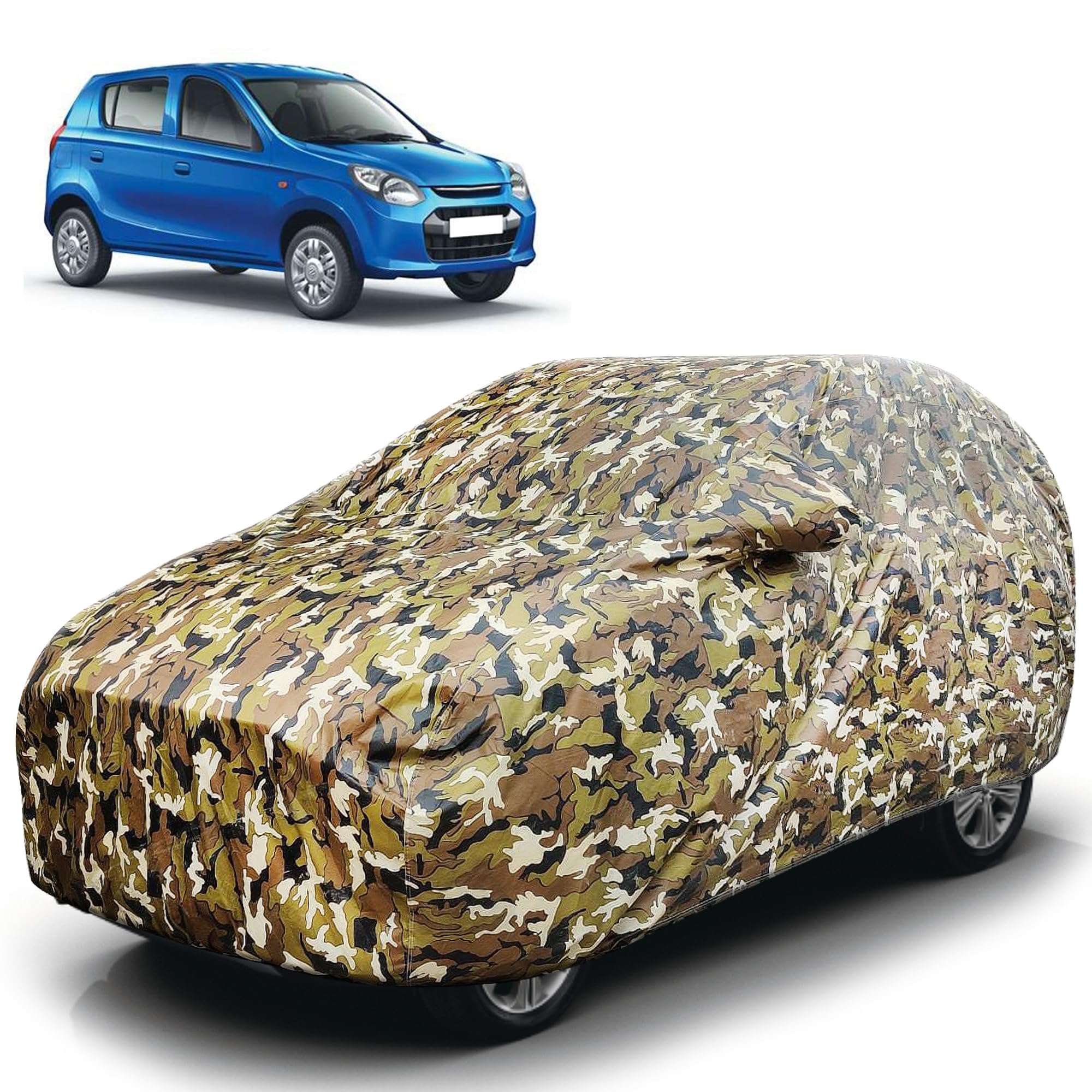 Autofy DEFO 100% Waterproof Car Cover Military Jungle Print for Maruti Suzuki Alto K10 / Alto 800 [Year 2018 Onwards] - Dust & UV Proof Car Cover - Soft Cotton Flock Layer Inside for Paint Protection